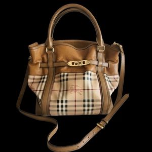 Burberry authentic Haymarket Check Golderton Coated Leather and Canvas Tote Bag